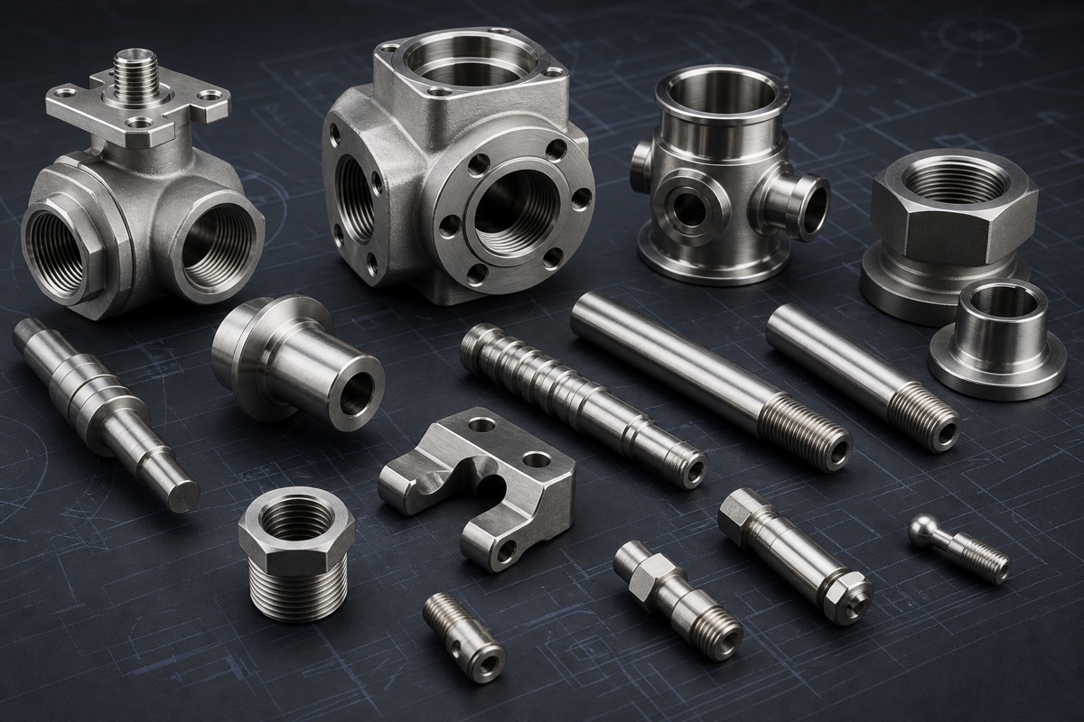 CNC machined stainless steel valve parts, shafts and fittings